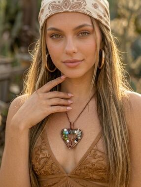 Handcrafted Copper Wire Tree Of Life Heart Genuine Gemstone Pendant Necklace